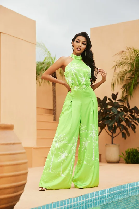 GREEN HALTER NECK FITTED WAIST WIDE LEG JUMPSUIT CJ30946