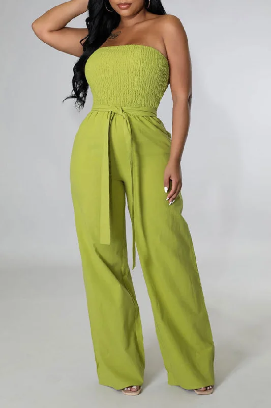 Solid Color Strap Shirred Simple Wide Leg Jumpsuit