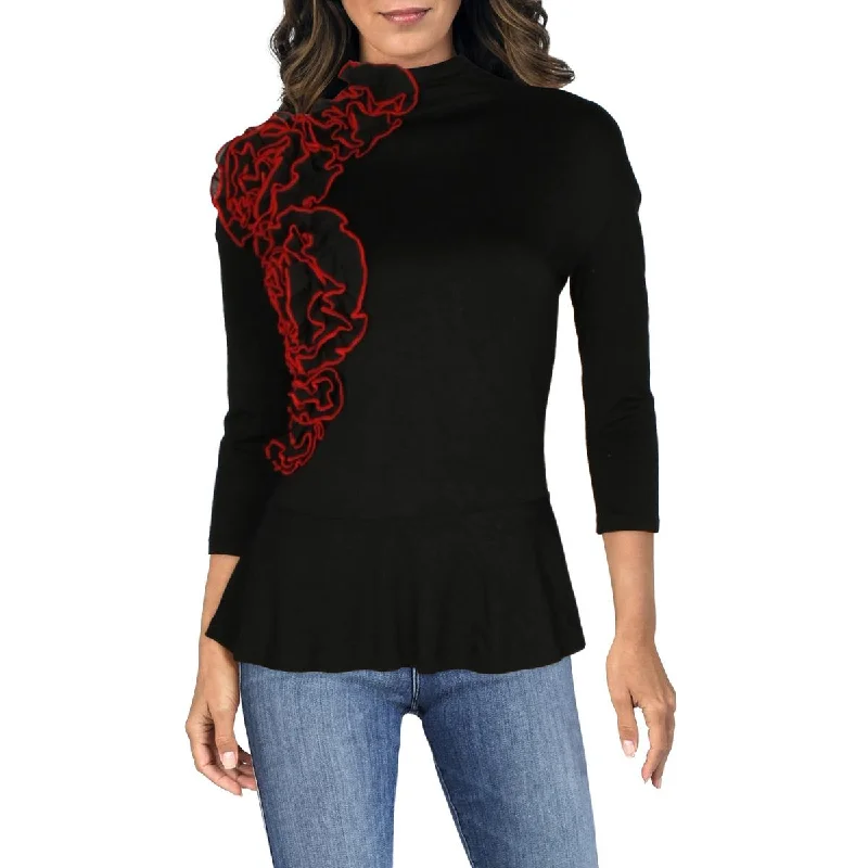 Womens Mock Neck Ruffled Pullover Top