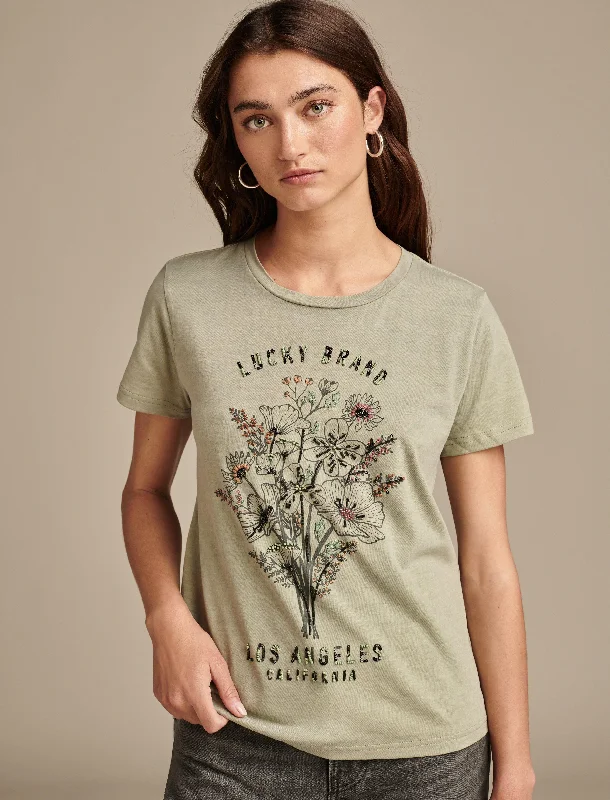 Lucky Brand Women's Embellished Floral Classic Crew