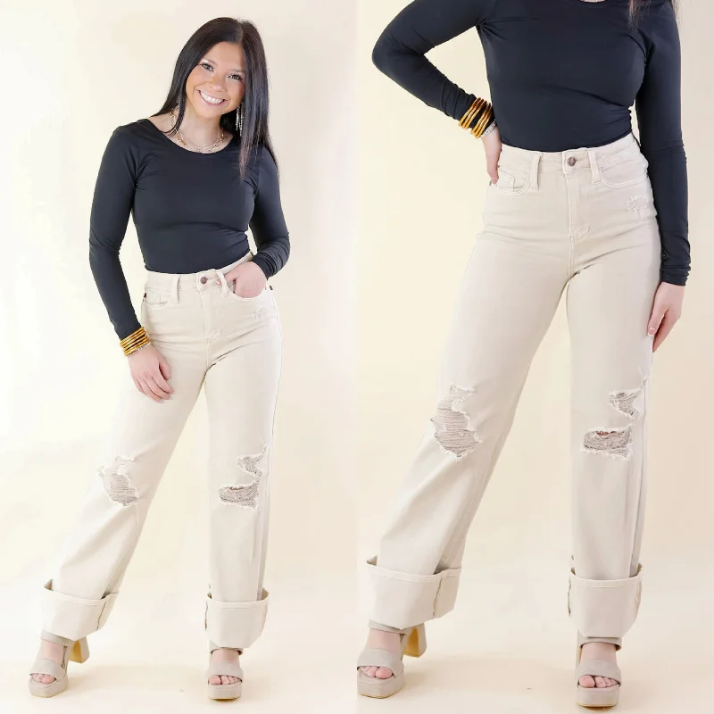 Judy Blue | Retro Rebel Garment Dyed 90's Destroy Knee Straight Leg Jeans in Bone Cream