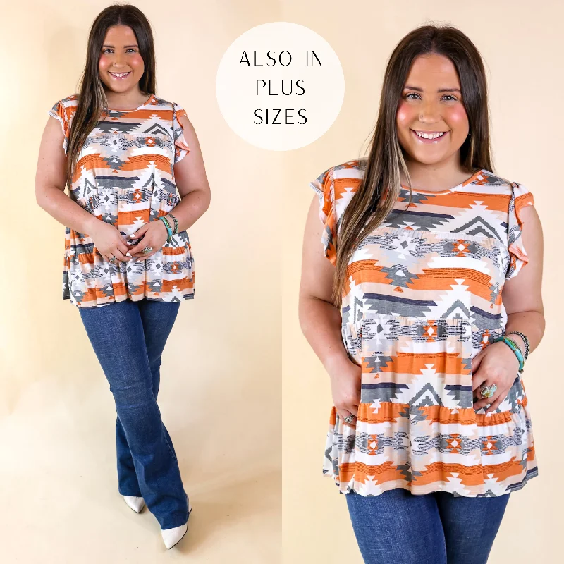 Sun Glow Aztec Print Tiered Top with Ruffle Cap Sleeves in Orange Mix