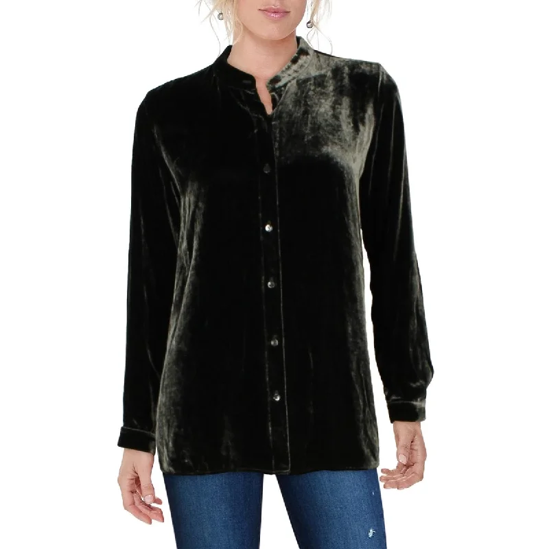 Petites Womens Velvet Madarin Collar Button-Down Top