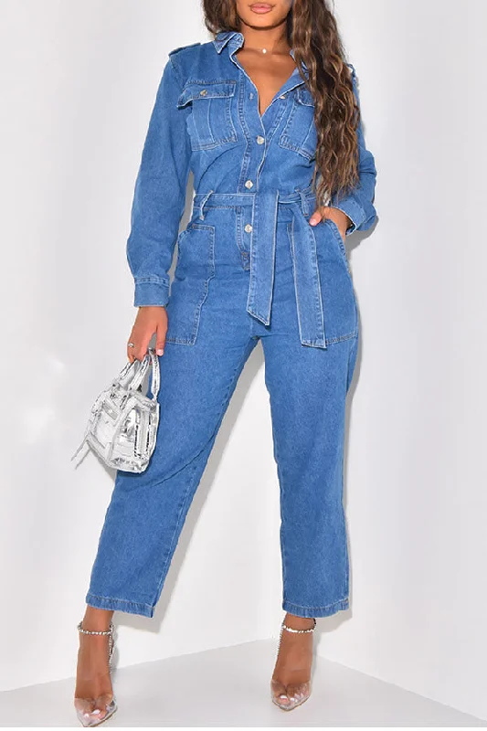 Solid Color Denim Classic Pocket Belted Jumpsuit