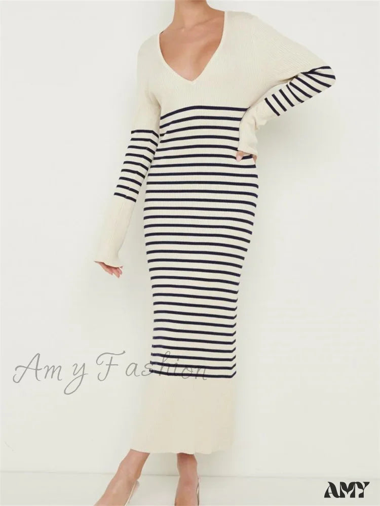 Classic Timeless Elegant Style Amy Fashion - Women Knitted   Sleeve Deep V Neck Striped Slim Fit Spring Autumn Female Vestidos Streetwear