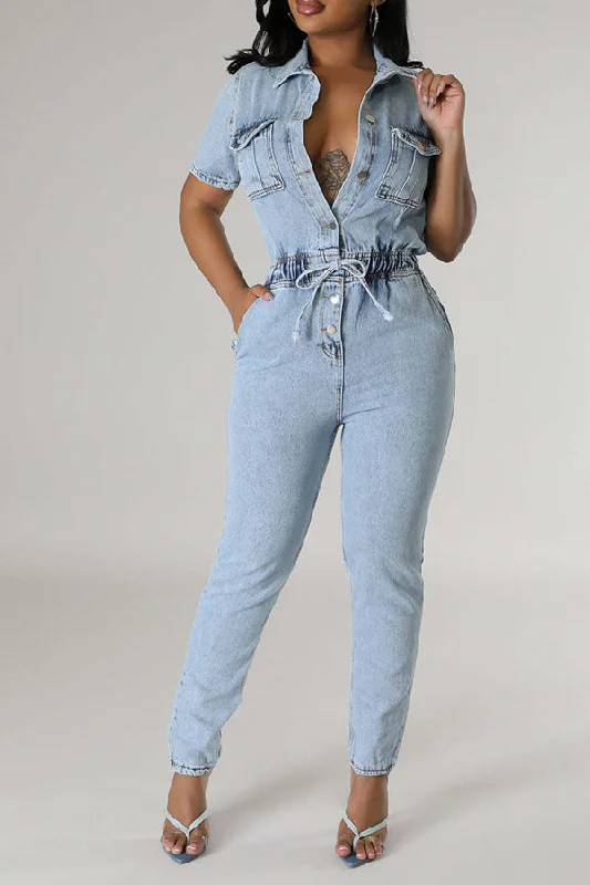 Washed Denim Feminine Pocket Button Down Jumpsuit