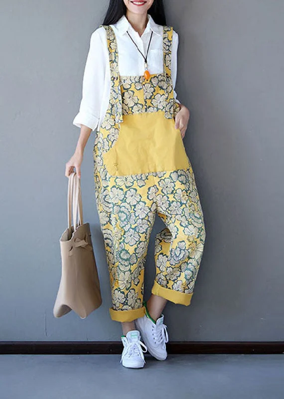 Boho Yellow Patchwork Print Denim Jumpsuit Spring