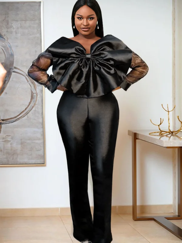 Women Organza Long Sleeve Big Bow Black Jumpsuit