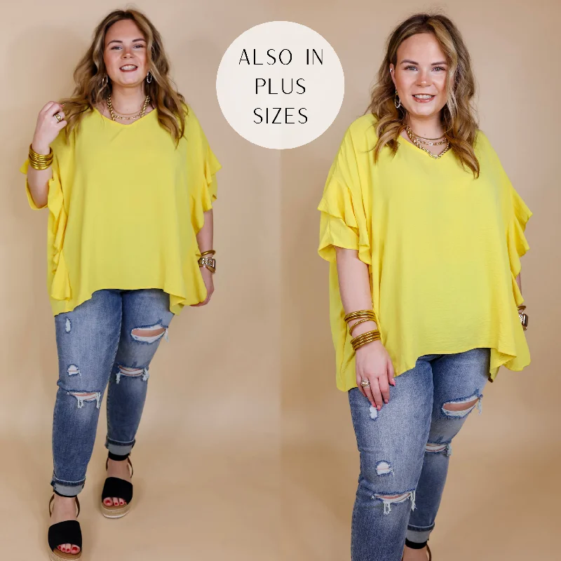 Sip of Spring Ruffle Sleeve Shift Top with V Neckline in Lemon Yellow