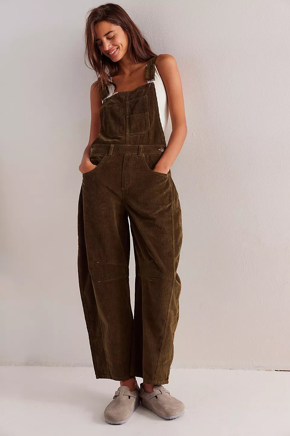 Free People We The Free Good Luck Cord Overalls - FIR GREEN