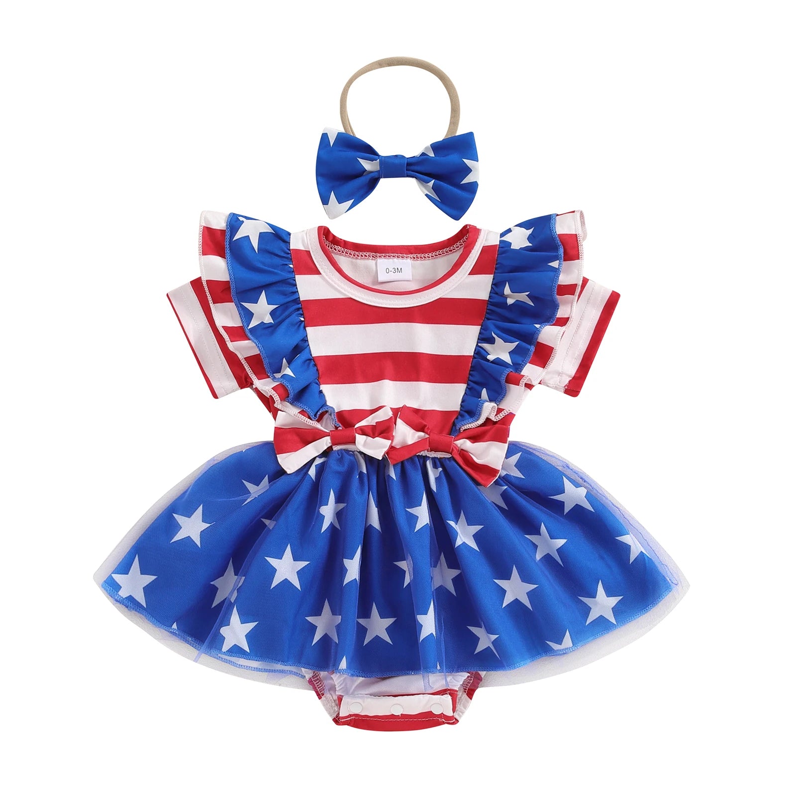 STARS & STRIPES Ruffle Romper Dress with Headband