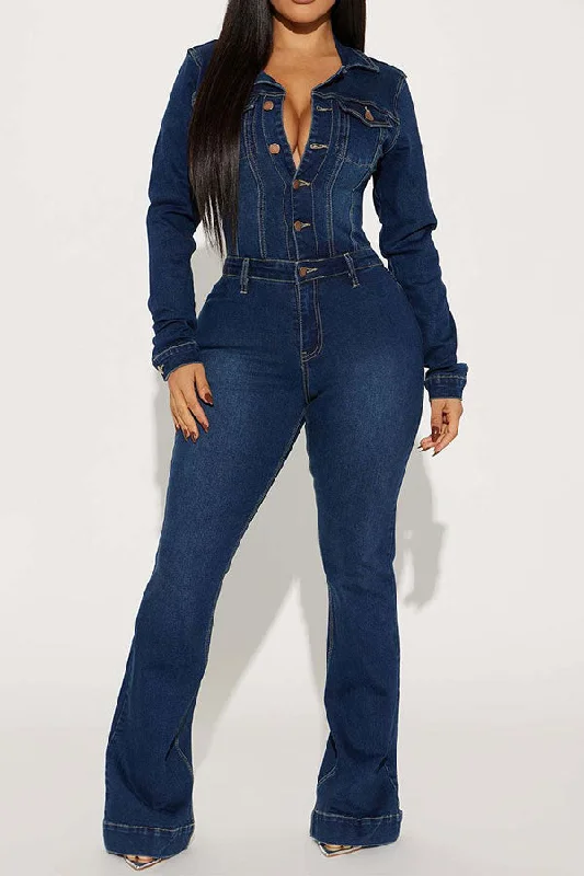 Washed Denim Feminine Micro Flared Jumpsuit