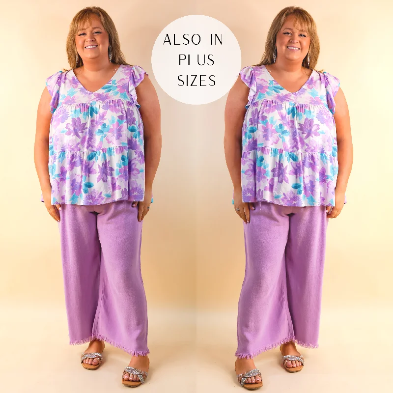 Right On Cue Elastic Waistband Cropped Pants with Frayed Hem in Lavender Purple