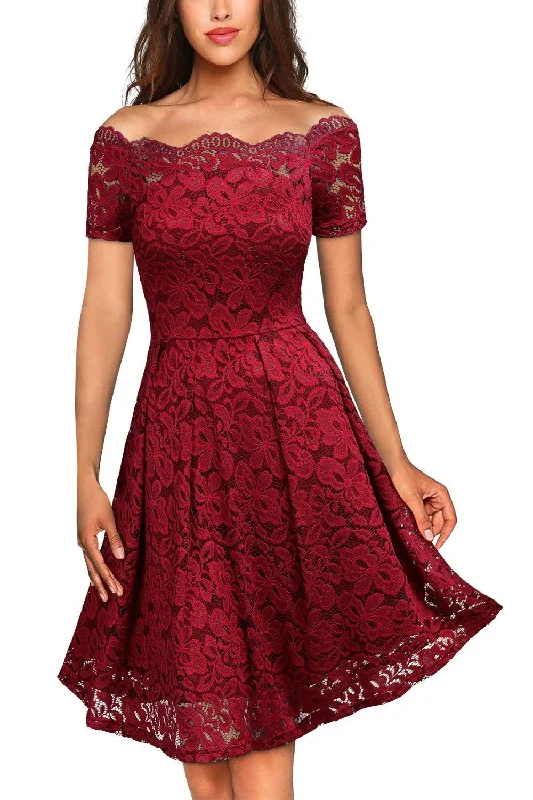 Floral Lace Short Sleeve Boat Neck Swing Dress