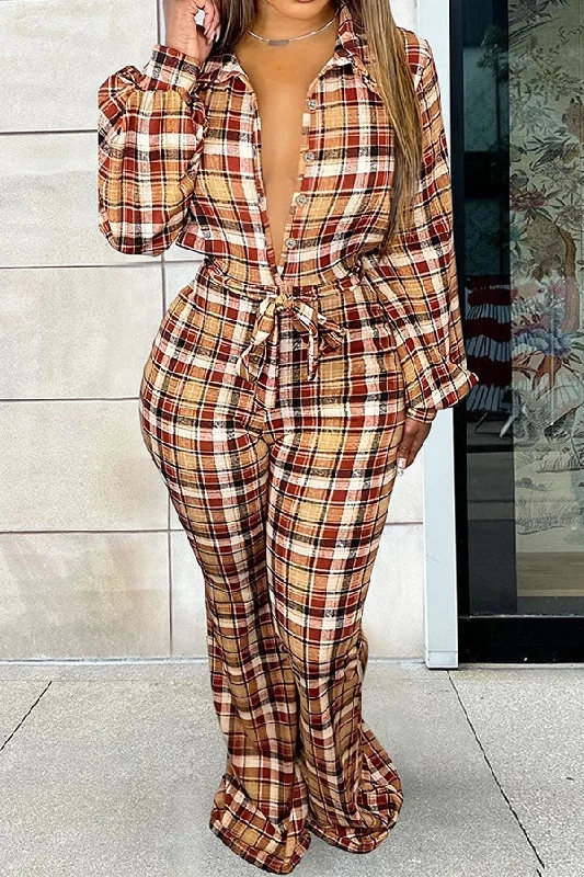 Plaid Classic Belted Micro Flared Jumpsuit