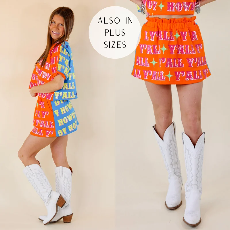 Queen Of Sparkles | Howdy Y'all Colorblock Sequin Skort in Orange & Blue