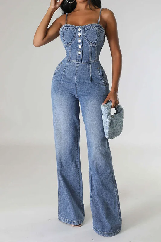 Gradient Denim Spaghetti Strap On-trend Wide Leg Jumpsuit