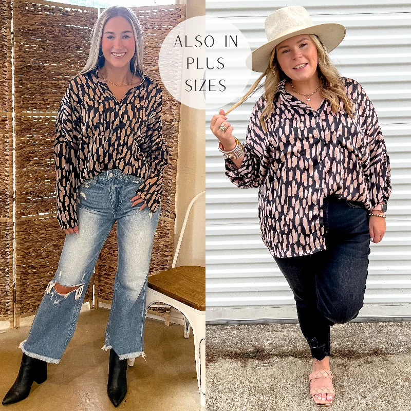 Going Places Button Up Satin Animal Print Top with Long Sleeves in Black