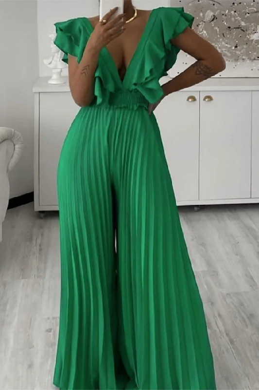 Solid Color Sweet Tiered Ruffles Pleated Wide Leg Jumpsuit