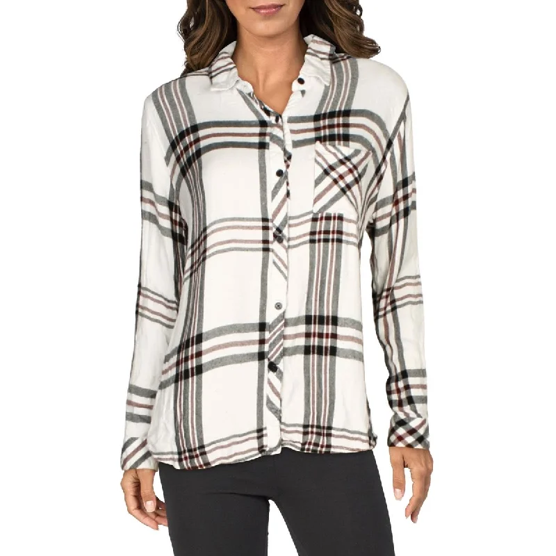 Womens Woven Plaid Button-Down Top