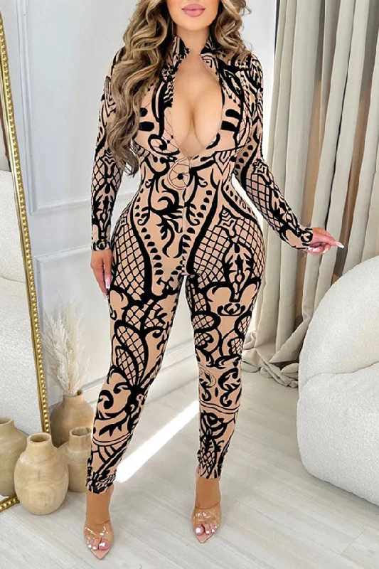 Tribal Print Retro Zipper Bodycon Jumpsuit