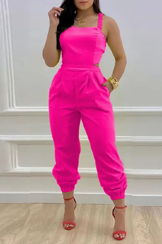 Solid Color Sweet Strappy Open Back Jumpsuit