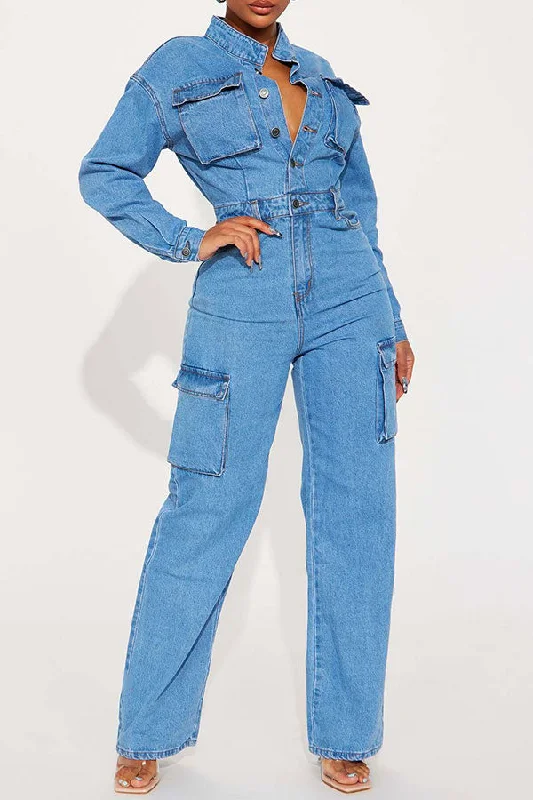 Solid Color Washed Denim Unique Multi Pocket Jumpsuit