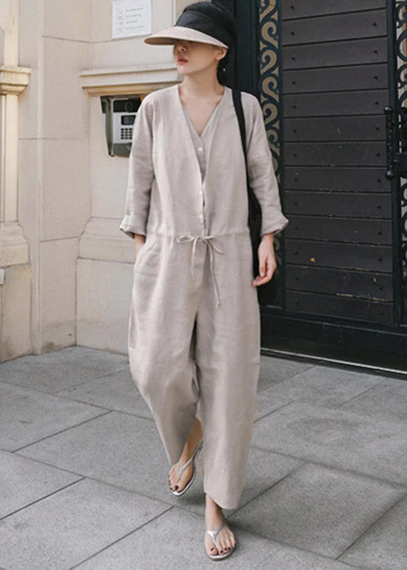 Plus Size Grey V Neck Button Linen Jumpsuit Spring