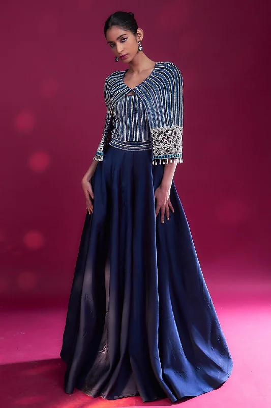 Deep Blue Ajrakh Embroidered Cape & Jumpsuit Set