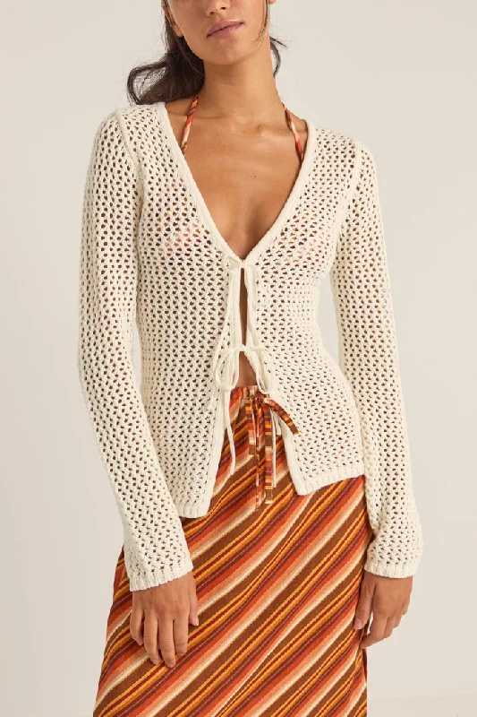 Rhythm Seashell Long Sleeve Tie Front Top - WHITE