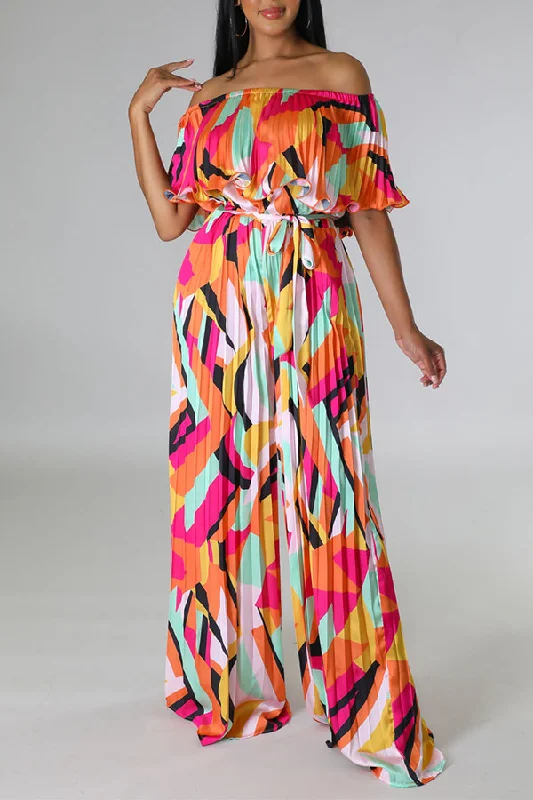 Graphic Print Sweet Off Shoulder Lace-Up Pleated Jumpsuit