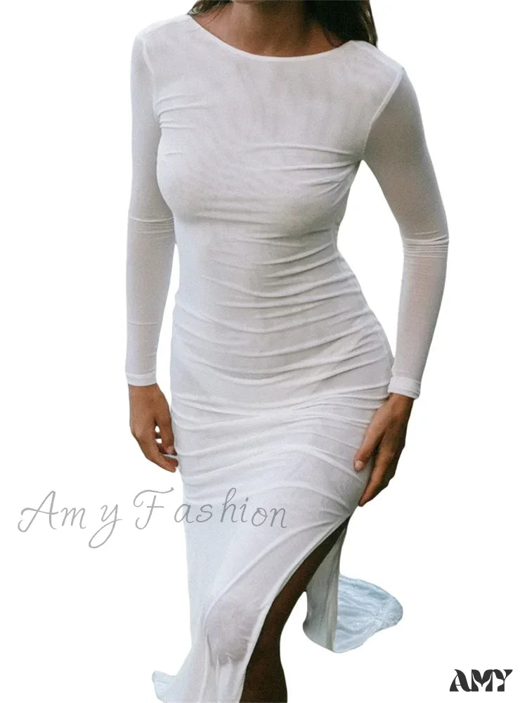 Trendy New Clothes Amy Fashion - Sexy Women   Sleeve Crew Neck Backless Solid Color Slim Fit Side Split Beach Party Female Vestido