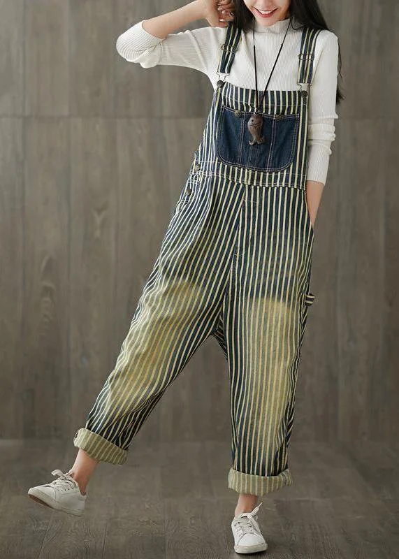 Women Casual Cotton Minimalist Vertical Striped Vintage Full Length Jumpsuits