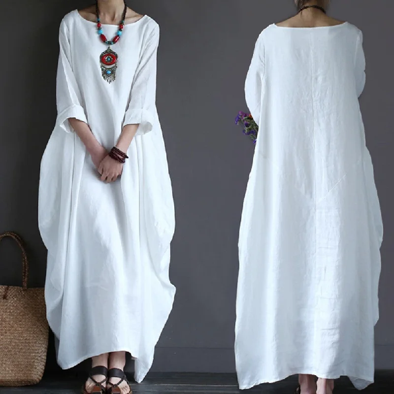 O Neck Long Sleeve Cotton Linen Gown Robe Dress