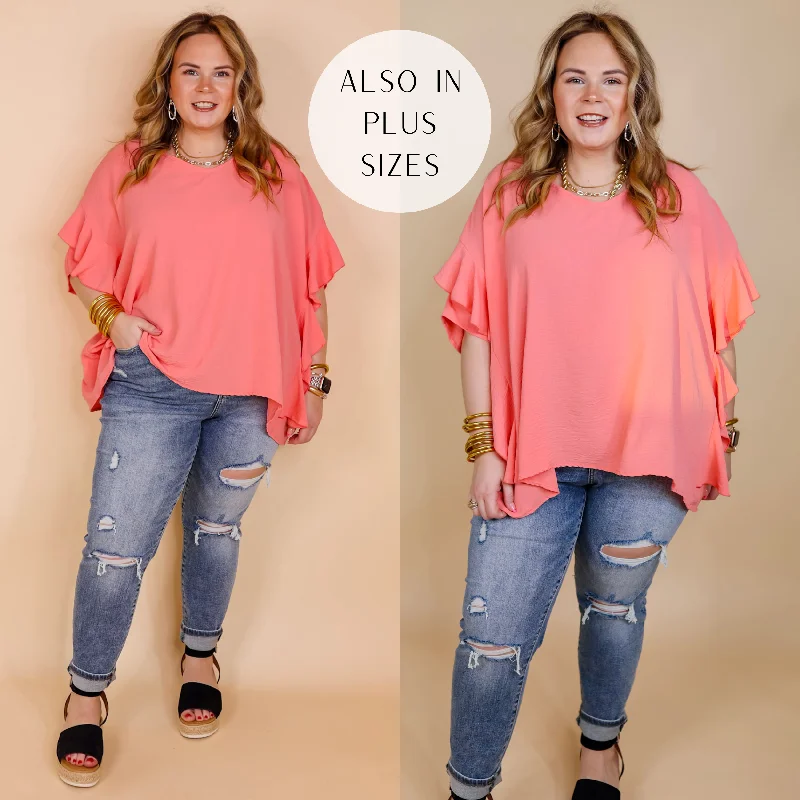 Sip of Spring Ruffle Sleeve Shift Top with V Neckline in Coral Orange