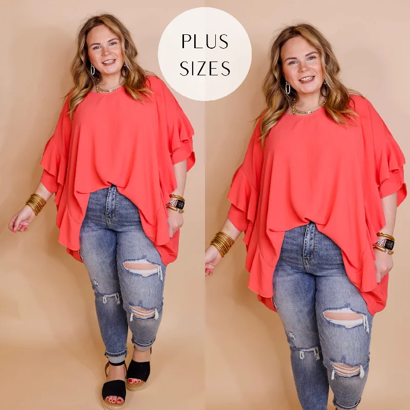 Plus Sizes | Sip of Spring Ruffle Sleeve Shift Top with V Neckline in Coral Pink