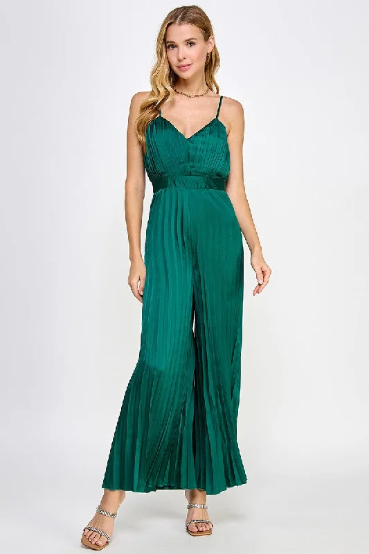 HUNTER GREEN SATIN SPAGHETTI STRAP PLEATED WIDE LEG JUMPSUIT AVJ51891W