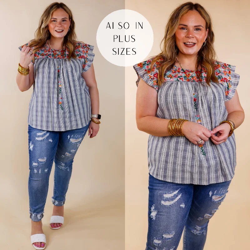 Sweet Success Floral Embroidered Striped Top with Ruffle Cap Sleeves in Dusty Blue