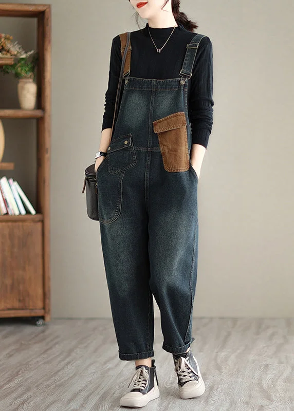 Casual Dark Blue Pockets Patchwork Denim Jumpsuits Spring