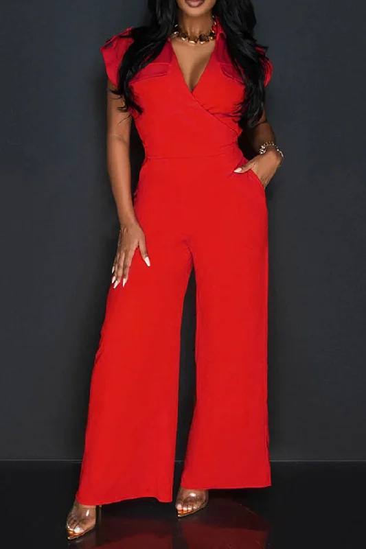 Solid Color OL Urban Lace-Up Wide Leg Jumpsuit