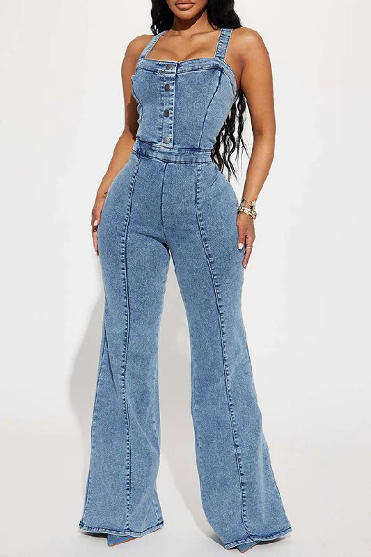 Solid Color Classic Denim Bell Bottoms Jumpsuit