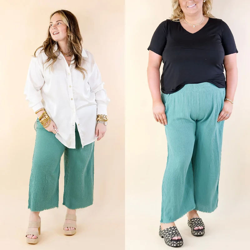 Right On Cue Elastic Waistband Cropped Pants with Frayed Hem in Dusty Green