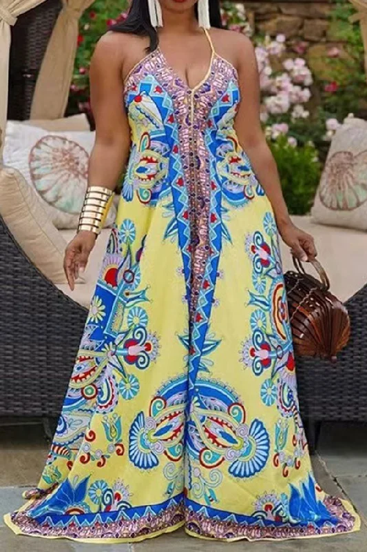 Paisley Print Bohemia Strappy Back Wide Leg Jumpsuit