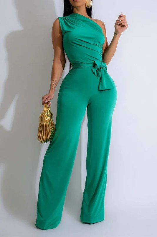 Solid Color One Shoulder Elegant Belted Jumpsuit