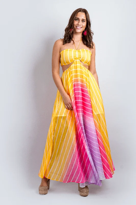 Exclusive Sale Rainbow Yellow and Pink Ombre Stripe Halter Maxi