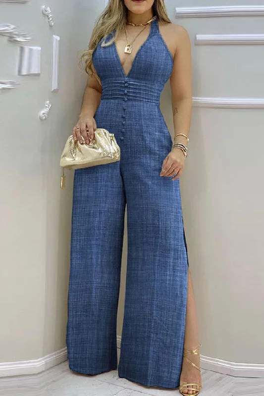 Solid Color Feminine Side Split Backless Jumpsuit