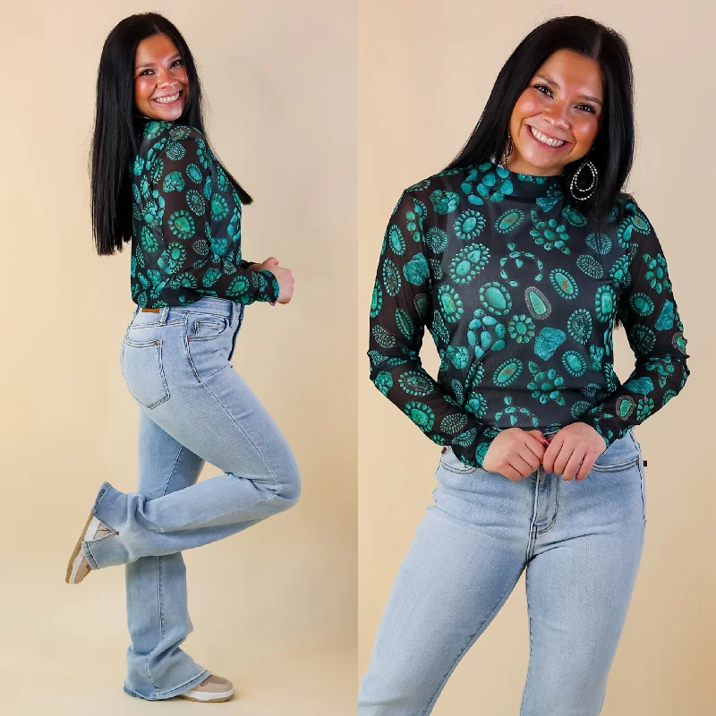 Rodeo Drive Mesh Turquoise Stone Long Sleeve Top in Black