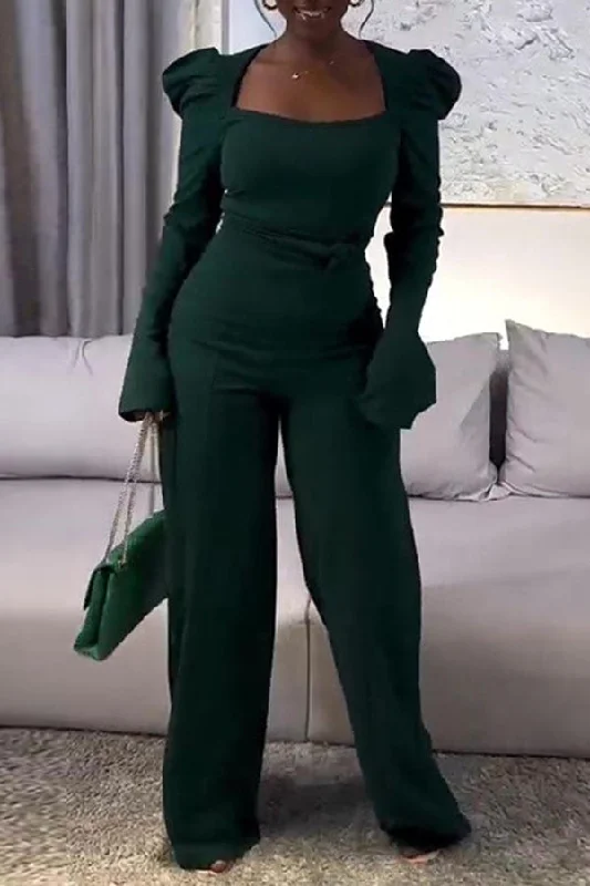 Solid Color Puff Sleeve Retro Wide Leg Jumpsuit