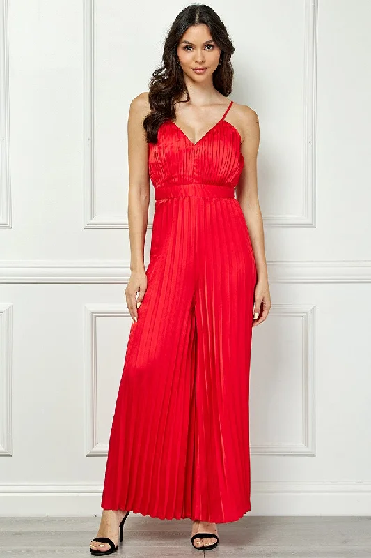 RED SATIN SPAGHETTI STRAP PLEATED WIDE LEG JUMPSUIT AVJ51891W