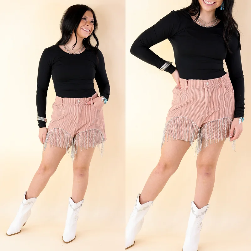 Saddle Up Crystal Fringe Corduroy Shorts in Mauve Pink